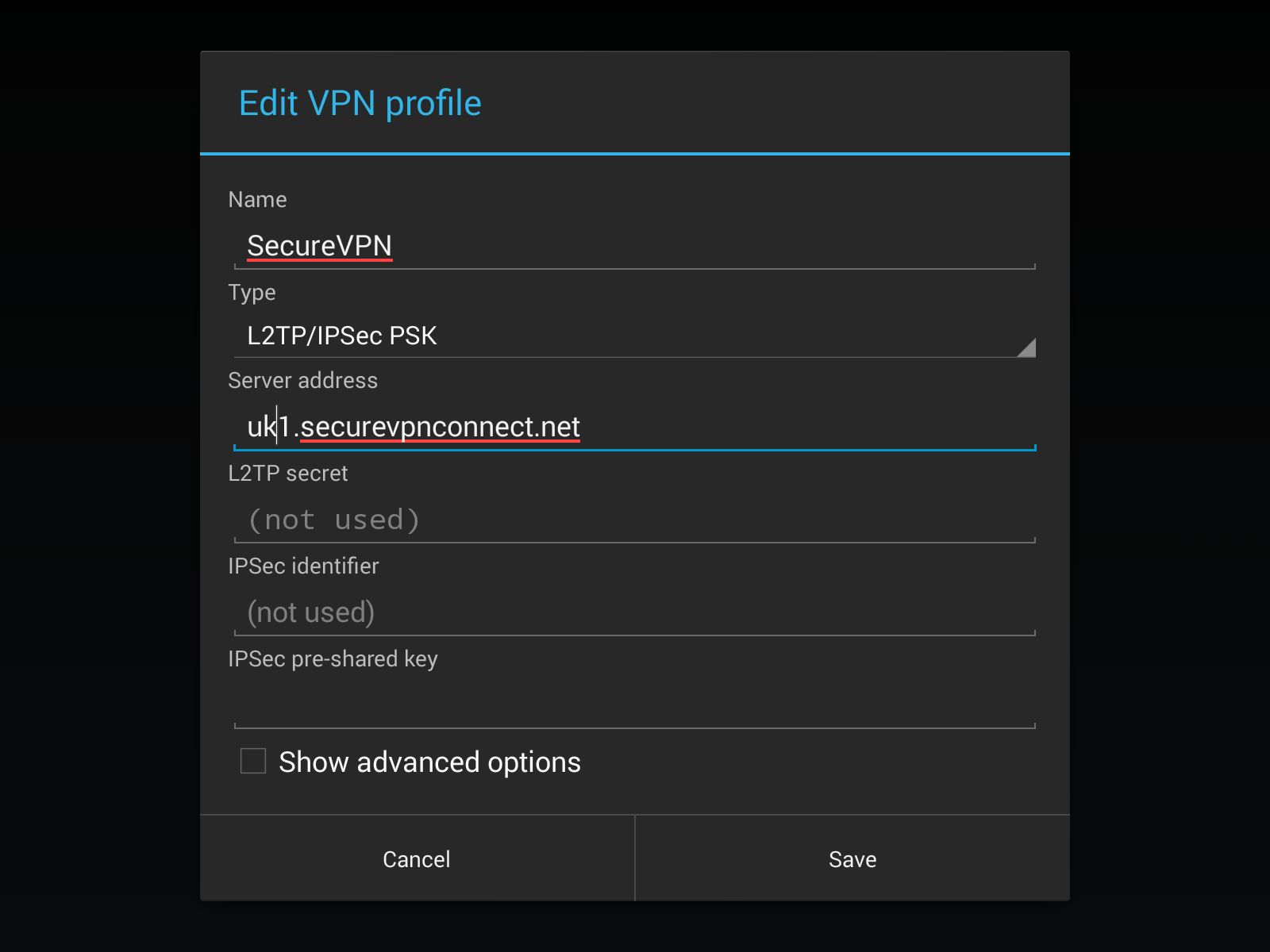 Setting up L2TP VPN on Android, step 9