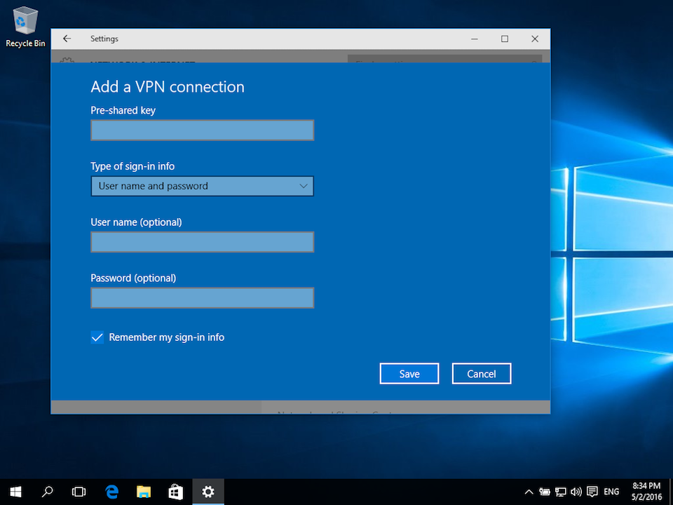 Setting up L2TP VPN on Windows 10, step 4
