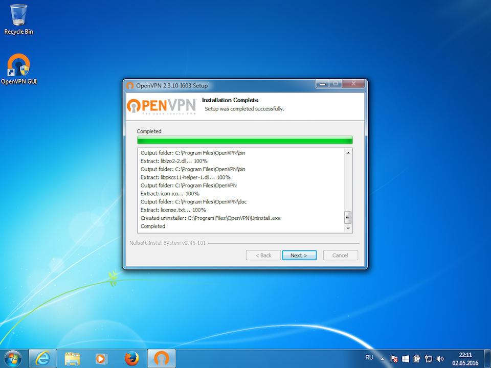 Setting up OpenVPN on Windows 7, step 8