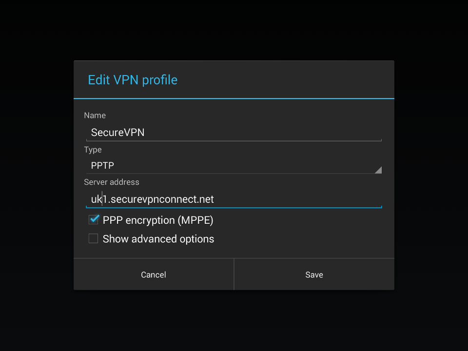 Setting up PPTP VPN on Android, step 9