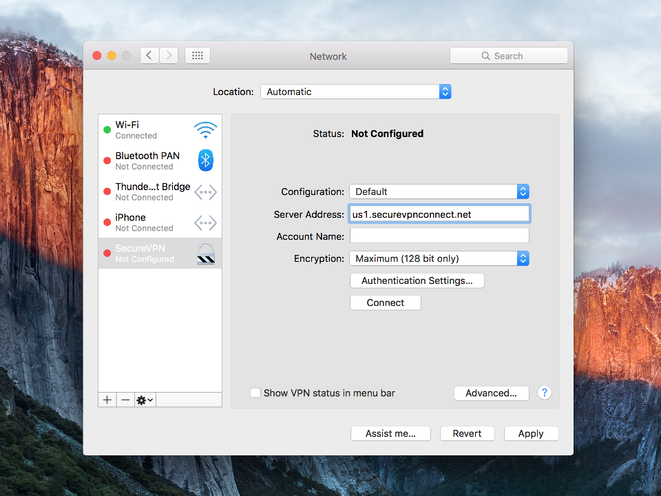 Setting up PPTP VPN on Mac OS X, step 4