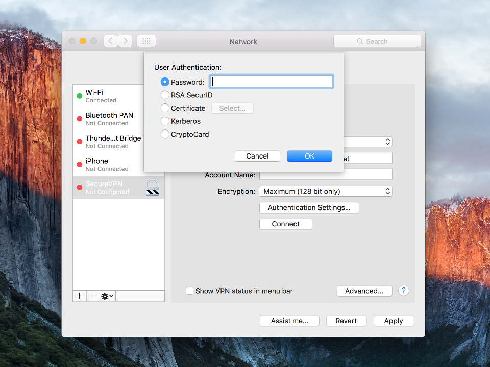 Setting up PPTP VPN on Mac OS X, step 5