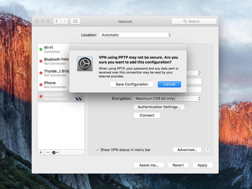 Setting up PPTP VPN on Mac OS X, step 8
