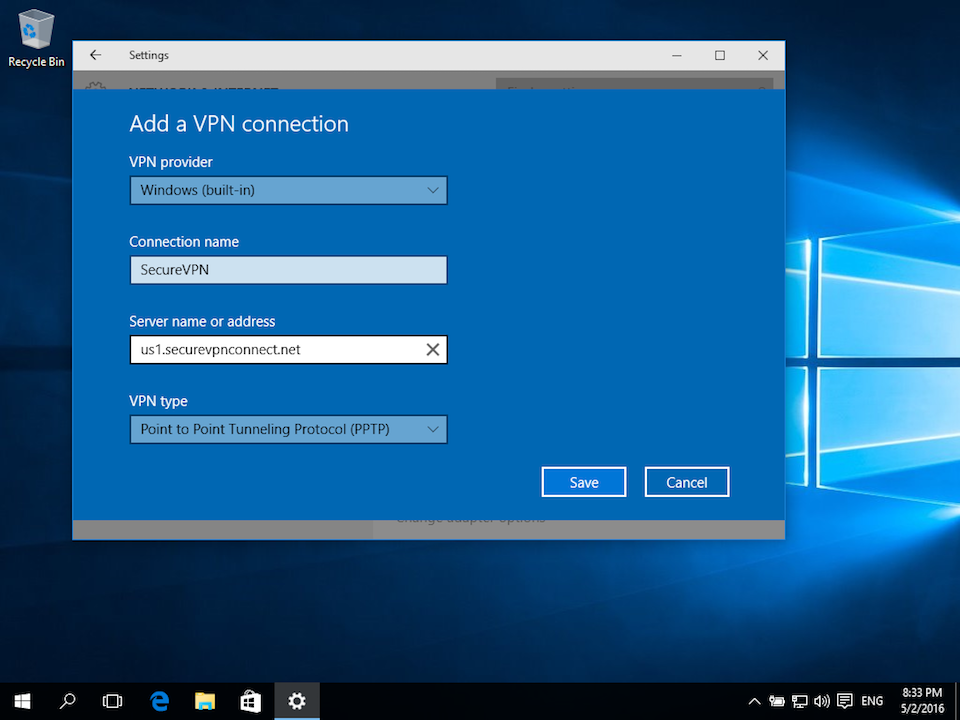 Setting up PPTP VPN on Windows 10, step 3