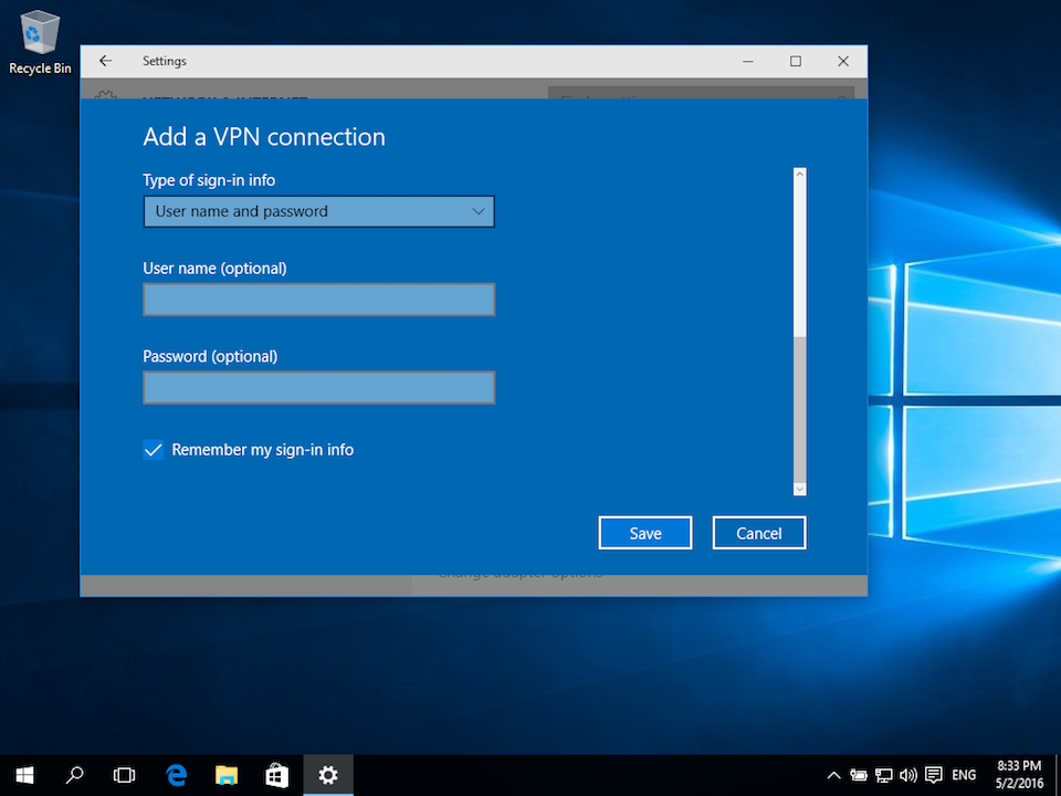 Setting up PPTP VPN on Windows 10, step 4