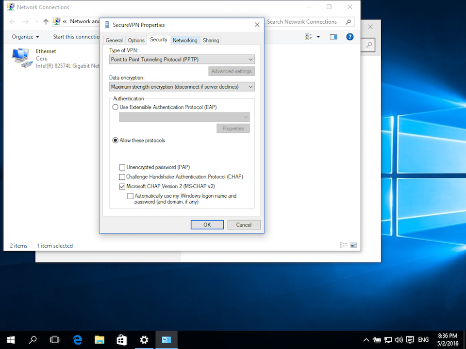 Setting up PPTP VPN on Windows 10, step 9