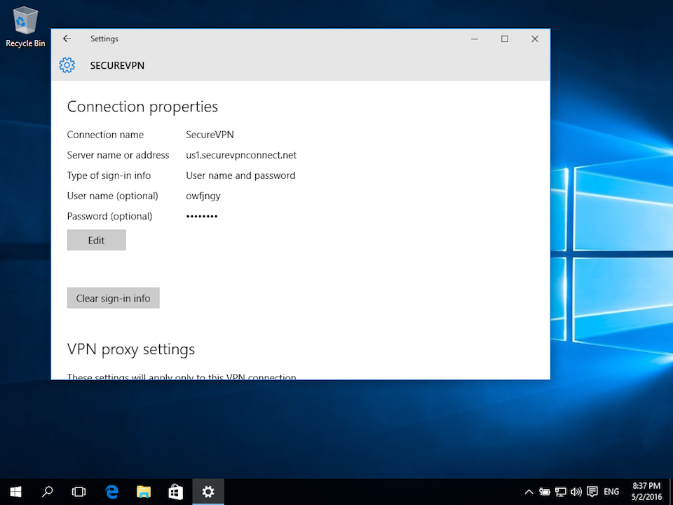 Setting up PPTP VPN on Windows 10, step 12