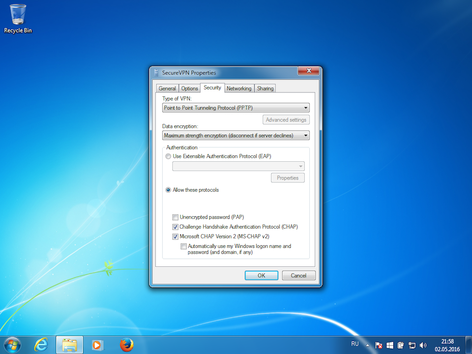 Setting up PPTP VPN on Windows 7, step 9