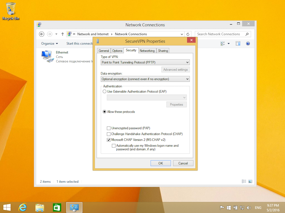 Setting up PPTP VPN on Windows 8, step 9