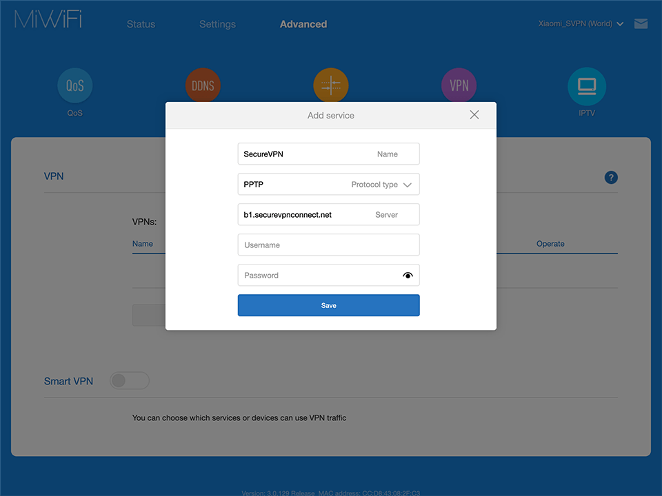 Setting up PPTP VPN on Xiaomi Mi Router 4A, step 3