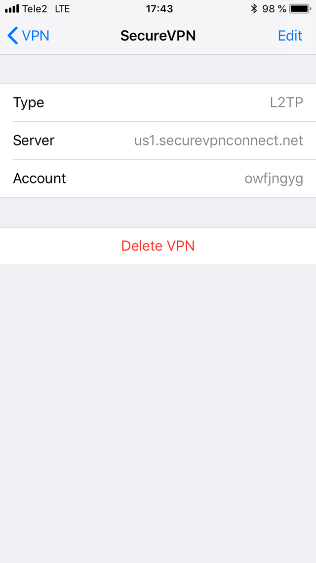 Setting up L2TP VPN on iOS, step 8