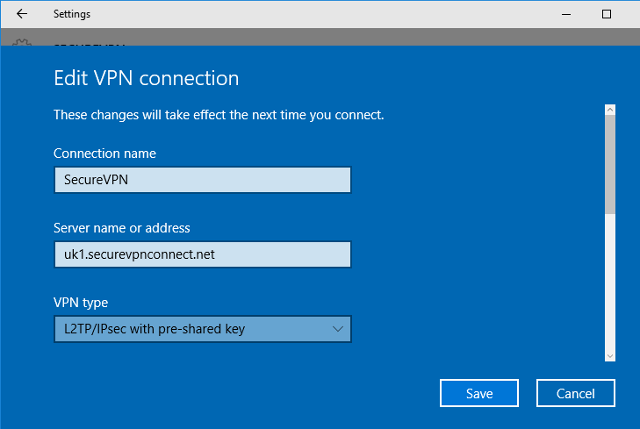 Setting up L2TP VPN on Windows 10, step 13